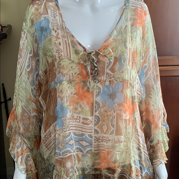 Boho style sheer tunic top ruffled loose sleeves brown orange blue flower US L - Picture 5 of 9